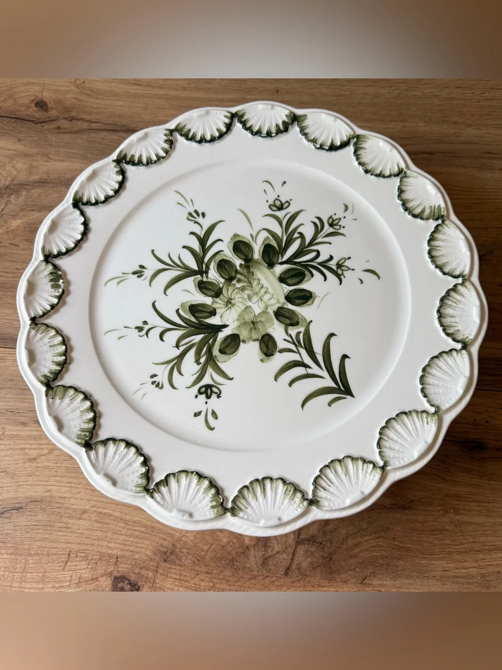 Vintage Cake Pedestal Stand Hand Painted Green Floral With Shell Edging Gorgeous